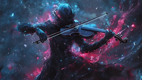 Starlit violinist ignites a cosmic storm of electric color