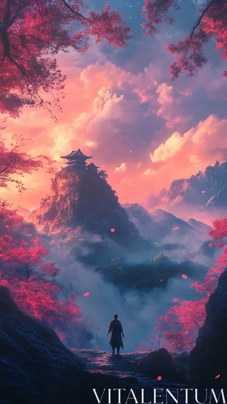 Solitary figure approaches misty shrine beneath radiant clouds