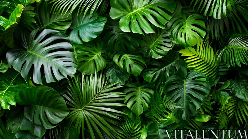 Overlapping tropical leaves form dense green foliage texture