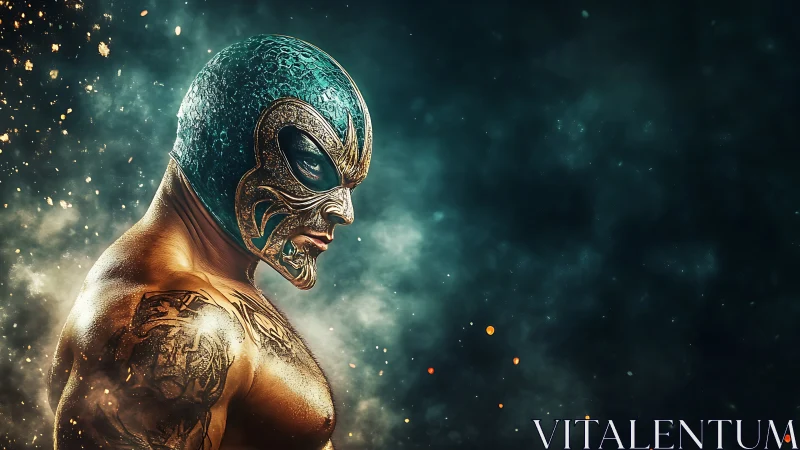 Powerful masked wrestler pauses in glowing cinematic haze