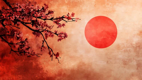 Digital painting of sakura branch and rising sun composition.