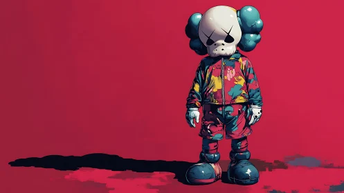 Cartoon skeleton figure in colorful outfit on red backdrop.