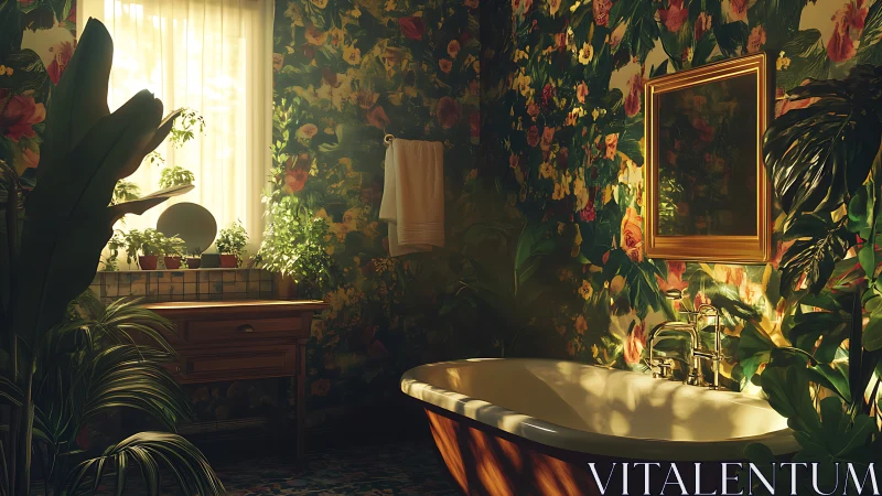 Sunlit floral bathroom invites slow, soothing moments of rest