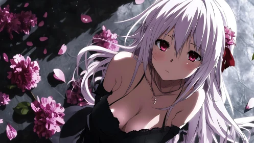 White haired anime girl in black dress among pink petals.
