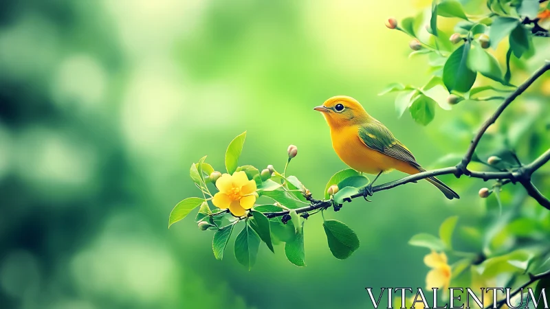 Bright yellow songbird on flowering branch, vibrant nature photography.