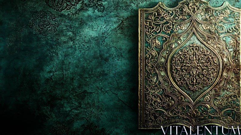 Ornate gilded panel on teal patina wall, baroque relief composition.