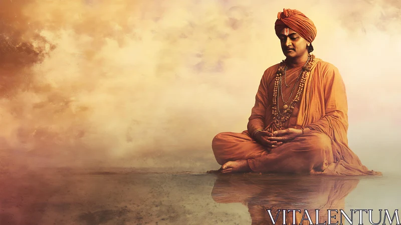 Meditative monk in saffron robes over reflective water plane.