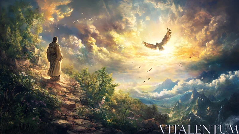 Mystic robed figure watching radiant eagle over valley.