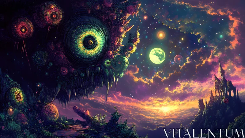 Colossal ocular entity faces distant spired structure at dusk