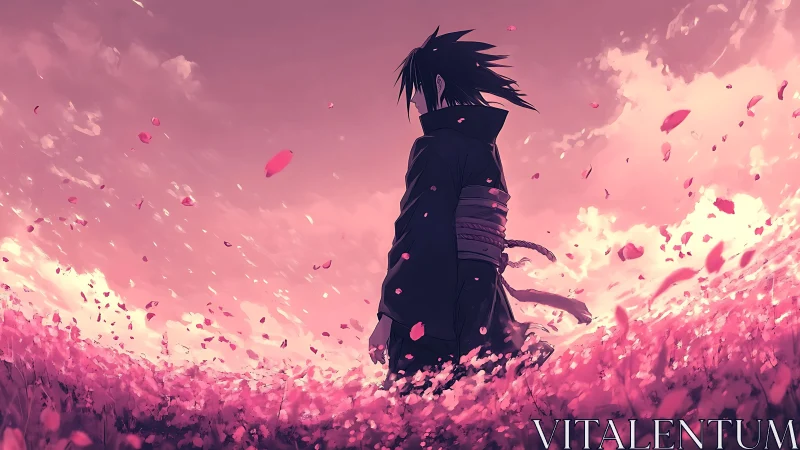 Backlit anime figure in pink petal field under dynamic sunset sky