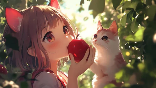Catgirl shares red apple moment with curious kitten.