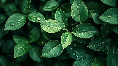Wet green leaves display water droplets across dark foliage