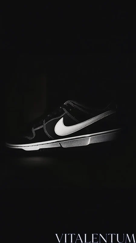 Low‑key lateral view of monochrome athletic sneaker silhouette.