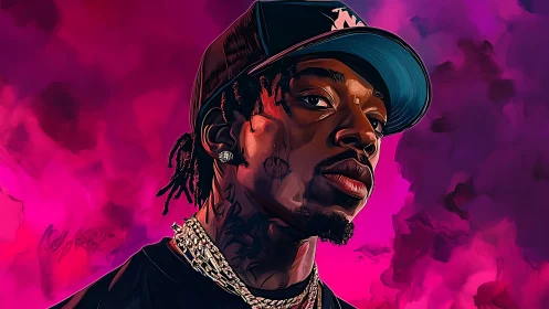 Stylized rapper portrait with neon magenta bokeh cloud backdrop