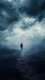 Solitary wanderer climbs a mist-lit path beneath storm birds.