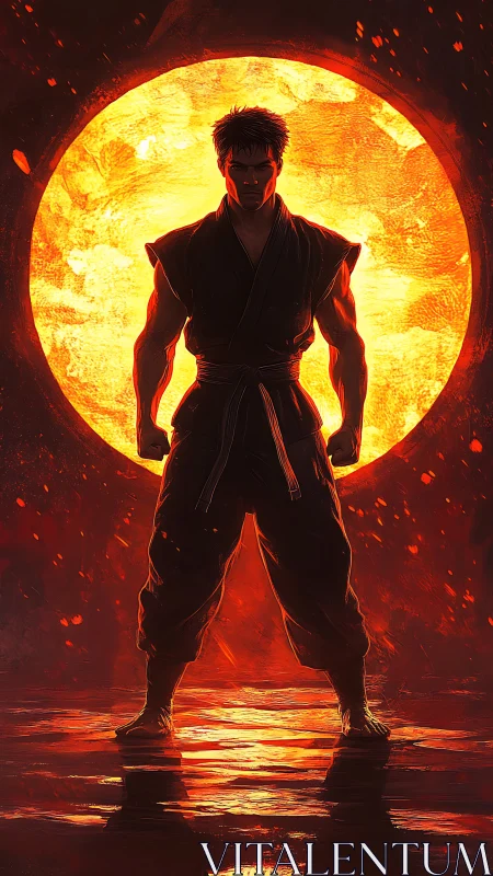 Martial artist stands silhouetted against blazing circular sun