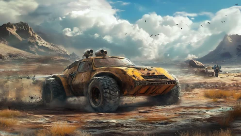 Armored desert rover powers through post-apocalyptic wasteland.