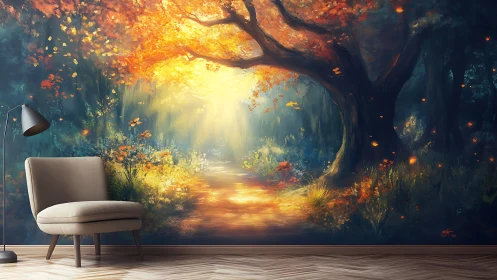 Forest mural with glowing autumn path behind modern chair.