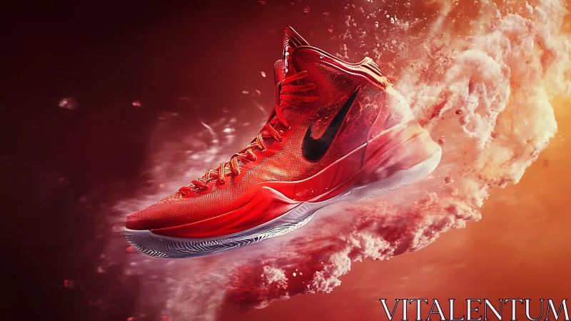 Flaming red sneaker rockets through swirling ember clouds.