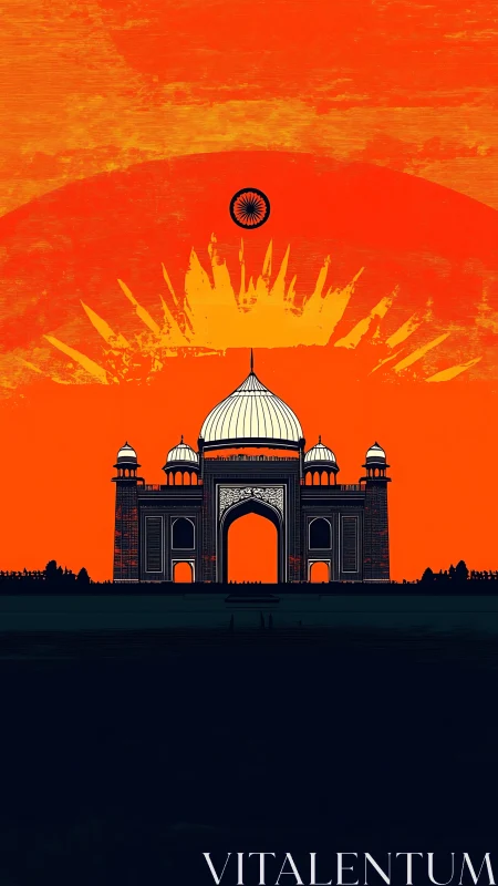 Indian monument silhouette under bold orange sunrise.