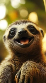 Close-up portrait shows young sloth with open mouth expression