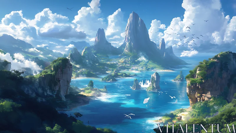 Terrestrial landscape with towering rock formations and open water