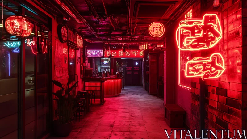 Neon-lit narrow bar corridor uses saturated red signage for depth