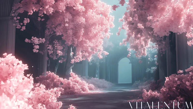 Dreamlike pink arboreal arcade in soft ethereal light.