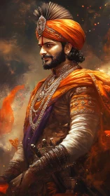Regal warrior prince in ornate orange turban and armor.