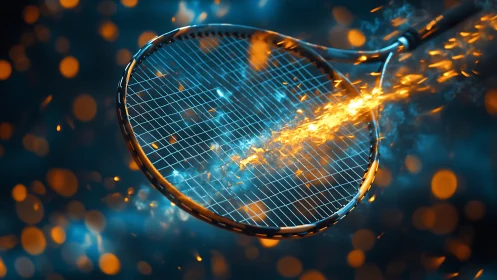 Fiery tennis racket in motion amid glowing bokeh sparks.