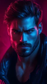 Neon-lit male portrait in intense cyan and magenta glow.
