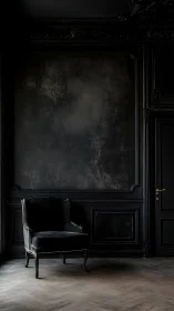 Velvet shadowed armchair quietly crowns the noir room