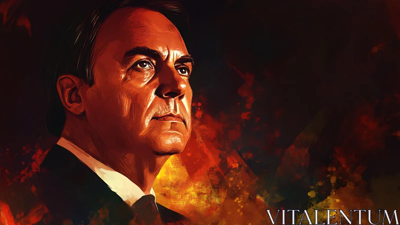 Digital portrait of stoic man over fiery abstract background.