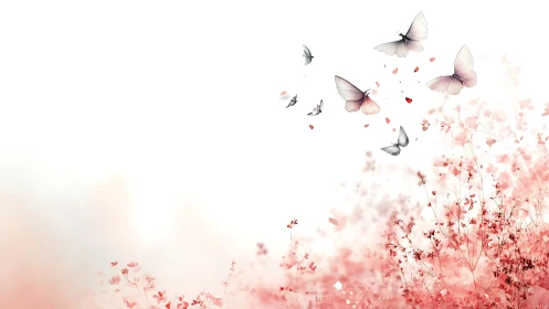 Soft white butterflies rising over pink floral meadow art