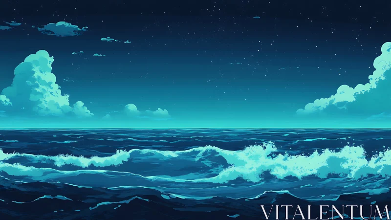 Midnight waves roll under a starlit teal horizon sky