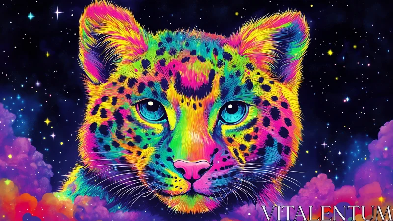 Luminescent feline head rendered in neon spectral gradients.