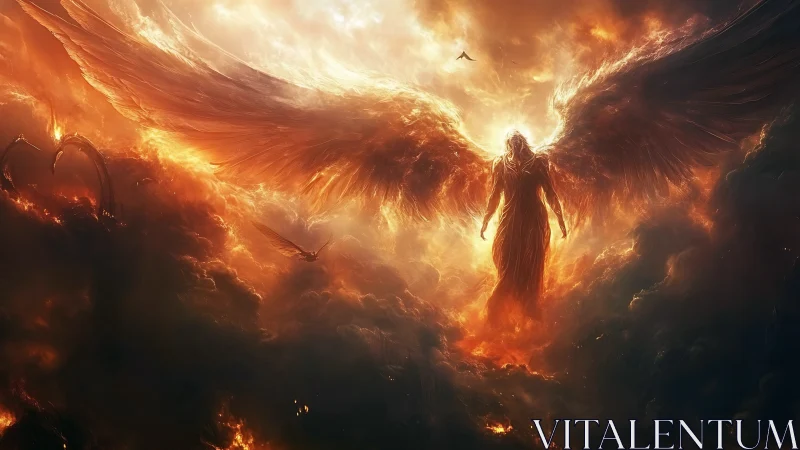 Fiery winged guardian rising from glowing storm clouds.