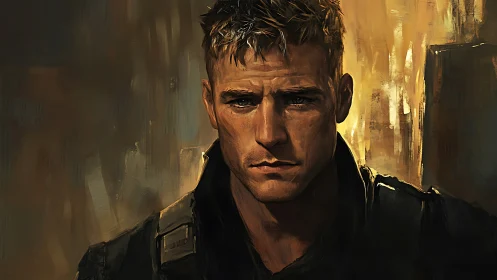 Brooding male soldier portrait in warm digital paint.