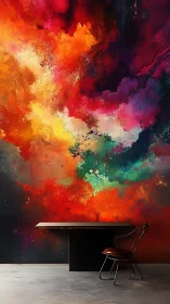 Chromatic nebula mural framing minimalist desk and chair.