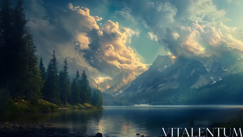 Mountain lake under dense clouds with forest shoreline.