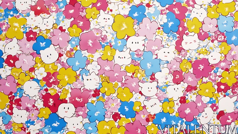 Kawaii cartoon cat faces scattered in bold floral pattern.
