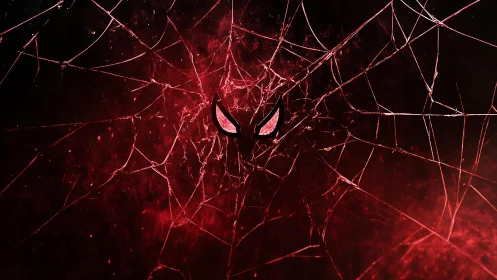 Crimson spider web glows around bold masked eyes in shadow