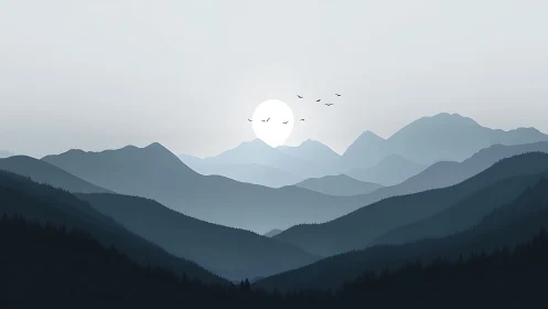 Minimalist mountain ridges under soft rising sun glow.