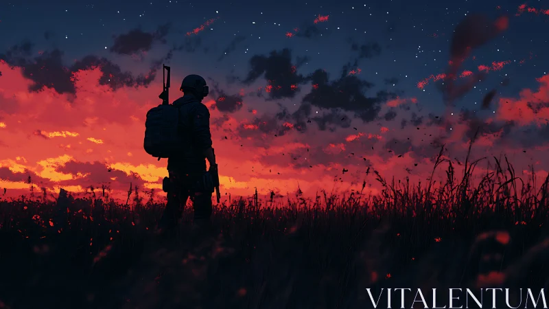 Lone traveler soldier pauses beneath a glowing, starry dusk sky.