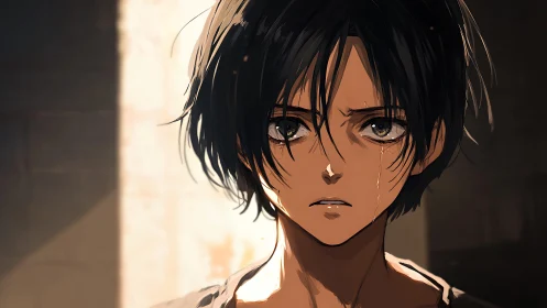 Cinematic anime closeup of distressed teen in warm backlight