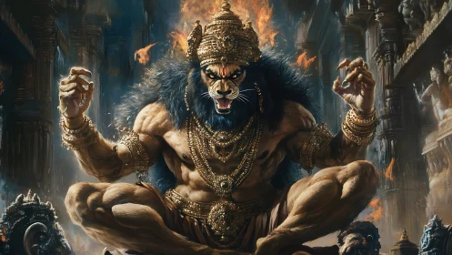 Mythic leonine demigod in ornate temple interior, firelit throne