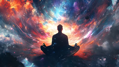 Silhouette in lotus pose before abstract cosmic light field.