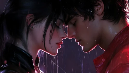 Two figures profile view neon outline rain setting