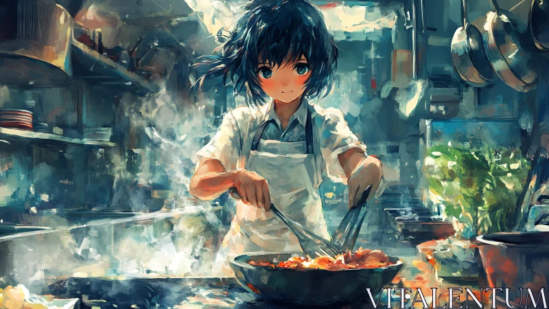 Anime chef sears vibrant stir fry in glowing busy kitchen
