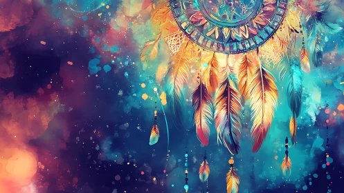 Digital illustration depicts stylized dreamcatcher with feathers